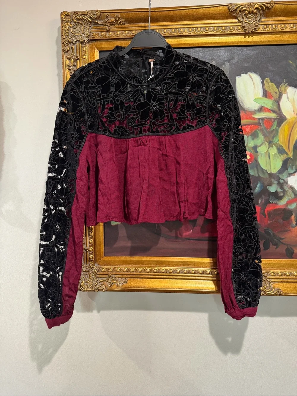 Free People Burgundy Cropped Blouse with Black Lace